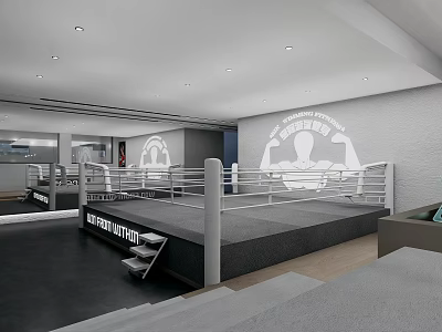 Modern Indoor Boxing Ring With White Rails Gray Floor And Wall Logo Lighting 3d model