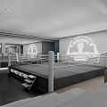 Modern Indoor Boxing Ring With White Rails Gray Floor And Wall Logo Lighting