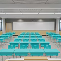 School Classroom Interior With Blue Desks Chairs Large Screen And Wooden Walls