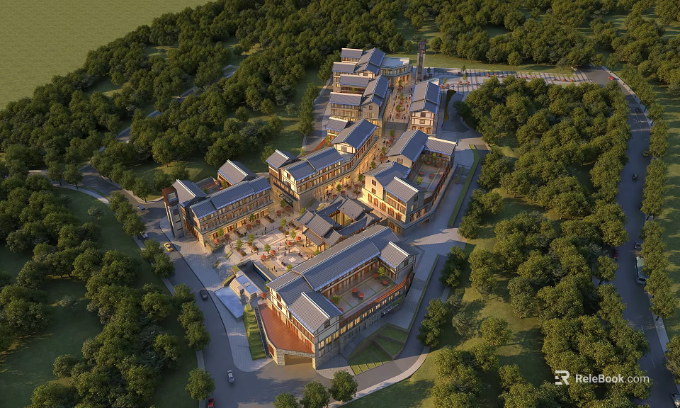 Aerial View Planning of Architectural Complex With Central Open Space and Lush Greenery Surroundings 3d model 
