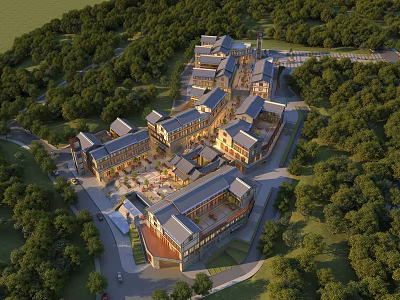 Aerial View Planning of Architectural Complex With Central Open Space and Lush Greenery Surroundings 3d model
