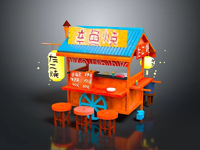Mobile Commercial Takoyaki Food Cart With Blue Roof Orange Structure And Stools 3d model