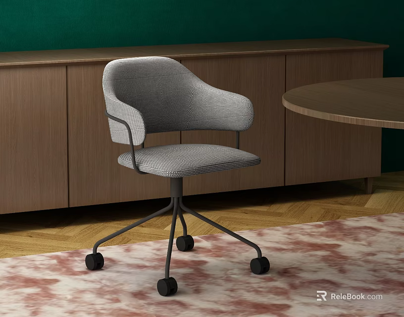 Modern Gray Fabric Office Chair With Armrests Black Casters Wooden Cabinet And Green Wall 3d model 