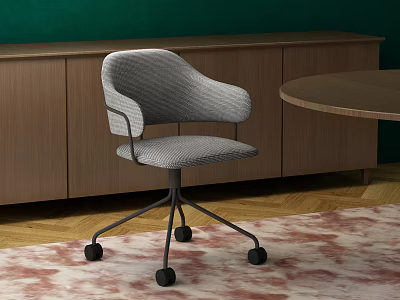 Modern Gray Fabric Office Chair With Armrests Black Casters Wooden Cabinet And Green Wall 3d model