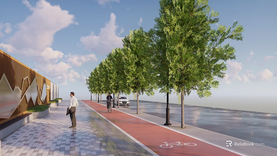Lush Row of Street Trees Along Urban Road With Bicycle Lane And Walking People 3d model 