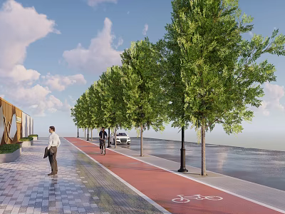 Lush Row of Street Trees Along Urban Road With Bicycle Lane And Walking People 3d model