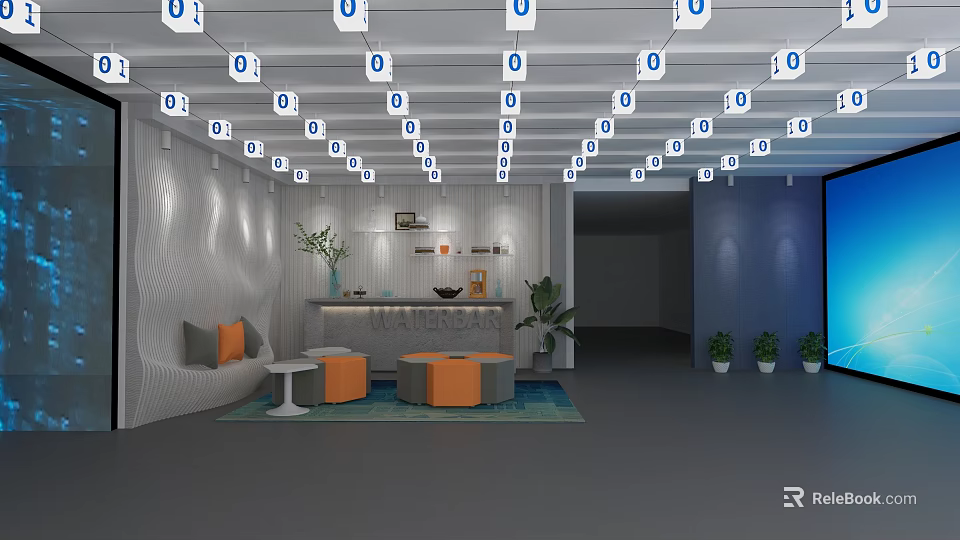 Modern Break Room Interior With Wavy Walls Orange Stools Ceiling Signs And Green Plants 3d model 