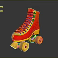 Vibrant Red Orange Roller Skates With Blue Red Laces And Yellow Wheels
