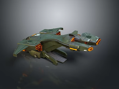 Futuristic Green Spaceship With Aerodynamic Wings And Orange Thrusters Model Design 3d model