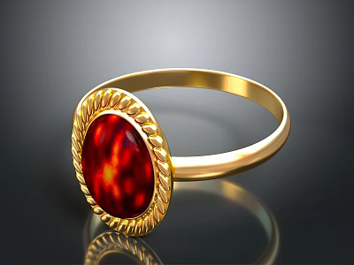 Elegant Gold Ring With Red Gemstone And Intricate Golden Decorative Edge 3d model