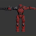 Red Robot Game Movie Character With Mechanical Arms Armor And Glowing Blue Lights