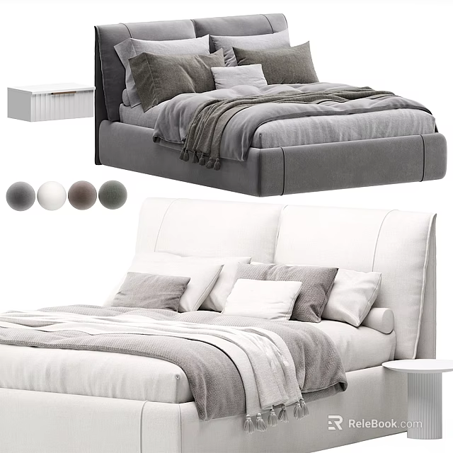 Modern Upholstered And Leather Headboard Beds With Pillows Blanket Side Table And Color Options 3d model 
