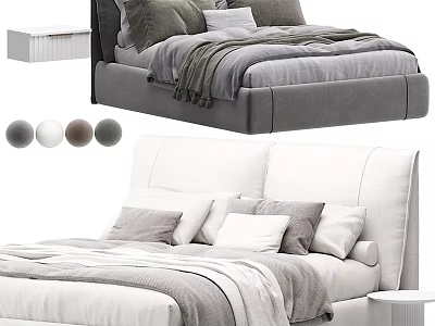 Modern Upholstered And Leather Headboard Beds With Pillows Blanket Side Table And Color Options 3d model