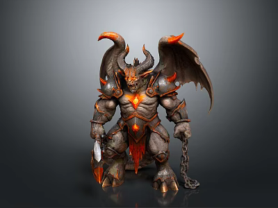 Muscular Demon Man With Curved Horns Bat Wings Fiery Accents And Chain Weapon 3d model