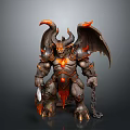 Muscular Demon Man With Curved Horns Bat Wings Fiery Accents And Chain Weapon
