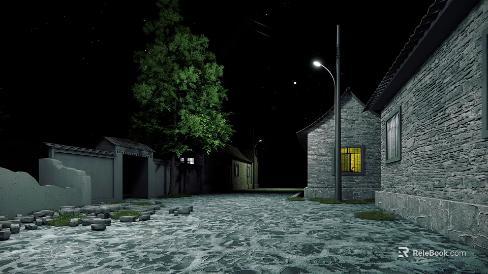 Starry Night Scene With Stone Pavement Street Lamp Tree Traditional Buildings And Yellow Light Windows 3d model 