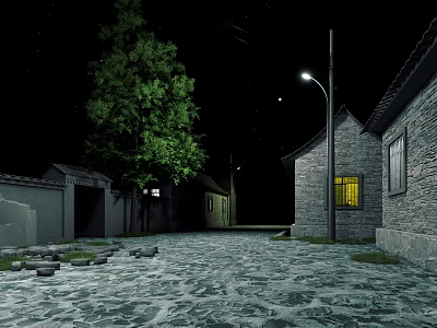 Starry Night Scene With Stone Pavement Street Lamp Tree Traditional Buildings And Yellow Light Windows 3d model