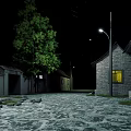 Starry Night Scene With Stone Pavement Street Lamp Tree Traditional Buildings And Yellow Light Windows