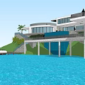 Modern Boutique Hotel Building on Waterfront with Boat Dock Glass Windows Greenery and Steps
