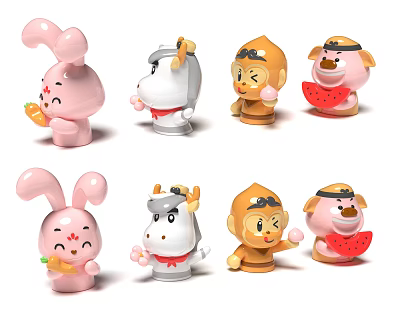 Cute Cartoon Electric Toys for Kids Featuring Rabbit Cow Monkey Dog Holding Carrot and Watermelon 3d model