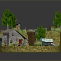 Cartoon Scene With Wooden Cabin Stone Stairs Tent Green Trees And Blue Van