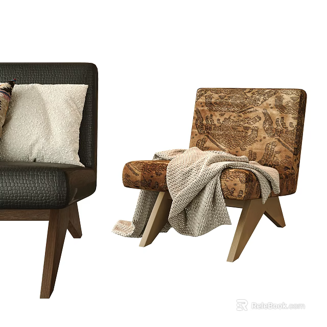 Stylish Accent Chairs With Black Upholstery White Cushion Brown Patterned Throw Blanket And Wooden Legs 3d model 