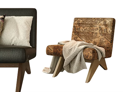 Stylish Accent Chairs With Black Upholstery White Cushion Brown Patterned Throw Blanket And Wooden Legs 3d model