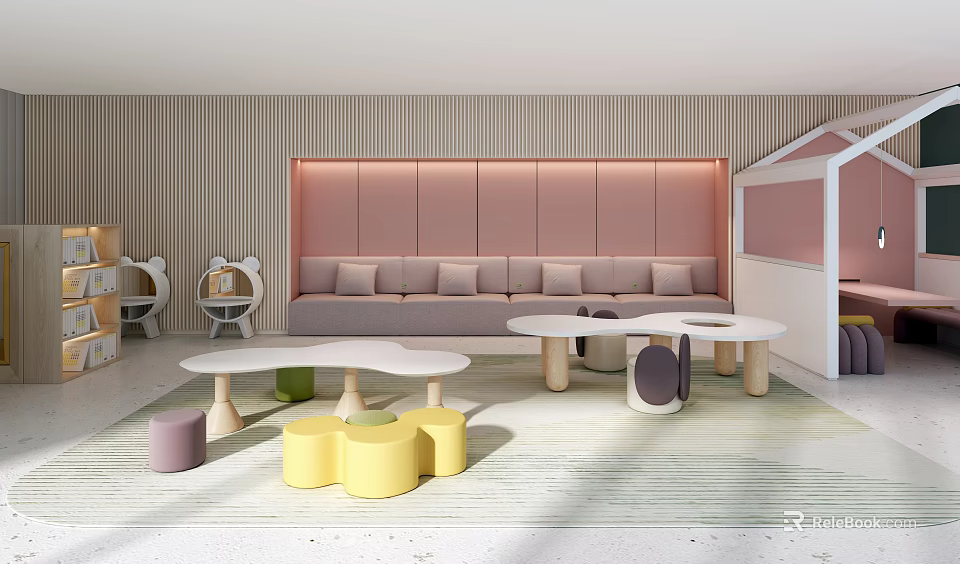 Playroom Interior With Sofa Unique Tables And Colorful Stools 3d model 