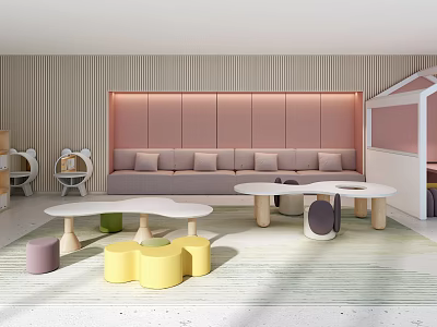 Playroom Interior With Sofa Unique Tables And Colorful Stools 3d model