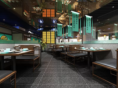 Modern Restaurant Interior With Open Layout Wooden Tables And Green Decorations 3d model