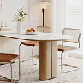 Dining Table Set With Marble Top Wooden Legs And Chairs With Woven Backrests Leather Seats