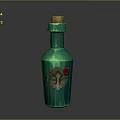 Green Decorative Glass Bottle With Wooden Cork Body Emblem And Red Accent As Household Item