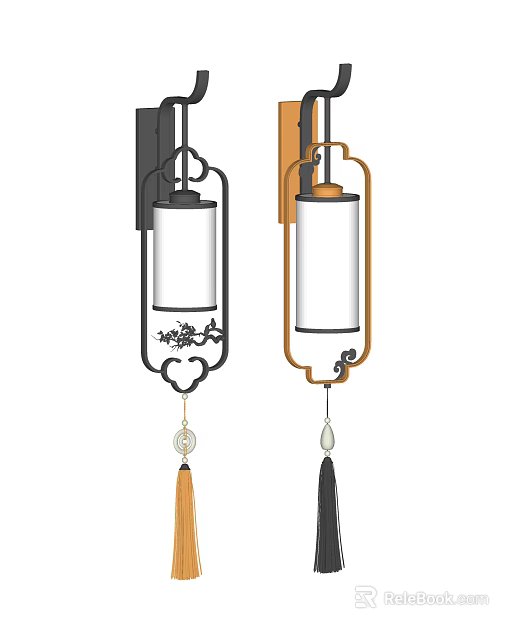 Traditional Design Wall Lamps Featuring Black Brown Frames Glass Shades And Hanging Tassels 3d model 