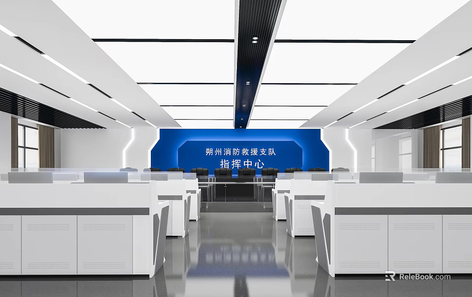 Modern Monitoring Room Interior With Control Consoles And Large Monitor Screens 3d model 