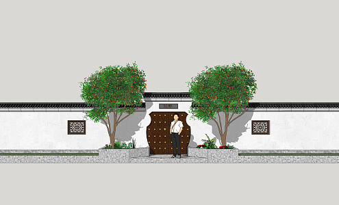 Chinese-style gate courtyard gate wall 3d model