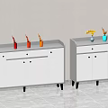 Two White Shoe Cabinets With Drawers Doors And Decorative Bottles Vases On Top
