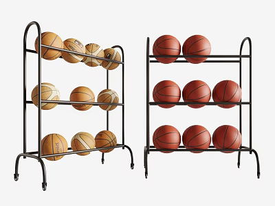 Two Three Tiered Basketball Storage Racks Holding Assorted Colored Basketballs On Shelves 3d model