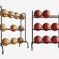 Two Three Tiered Basketball Storage Racks Holding Assorted Colored Basketballs On Shelves