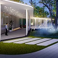 Modern Residential Landscape With Reflective Pool Pathway Lighting And Lush Trees