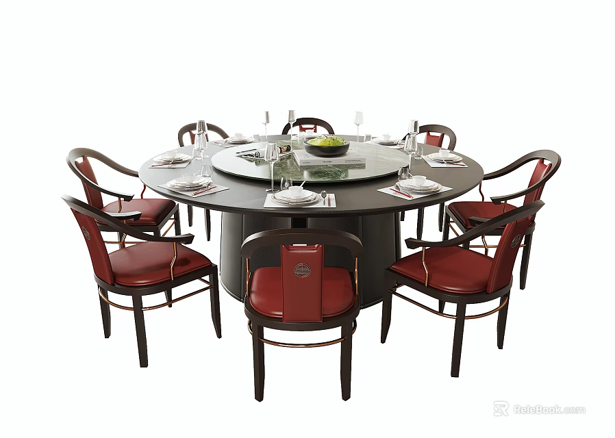 Round Dining Table And Red Upholstered Chairs With Dark Frame Place Settings And Wine Glasses 3d model 