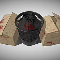 Black Trash Can With Plastic Bag And Cardboard Boxes With Blood Stains