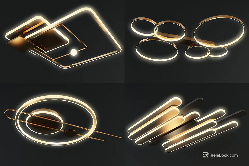 Modern Geometric Chandeliers Featuring Circular Linear Designs Golden Metal Frames LED Strips Warm Soft Glow 3d model 