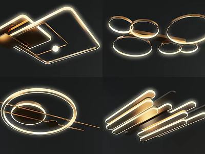 Modern Geometric Chandeliers Featuring Circular Linear Designs Golden Metal Frames LED Strips Warm Soft Glow 3d model