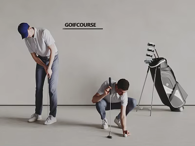Men Preparing to Play Golf on Golf Course With Clubs and Bag 3d model