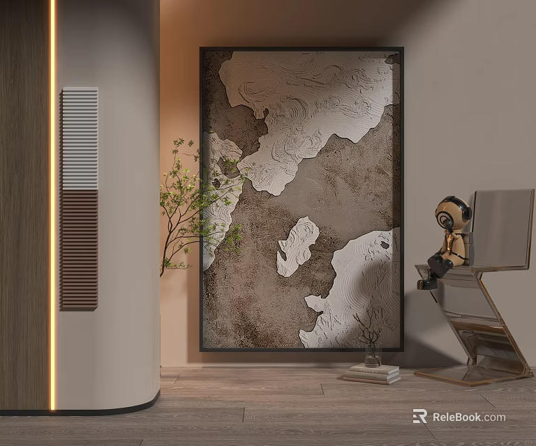 Modern Abstract Painting in Contemporary Interior with Textured Neutral Tones Green Plant Chair and Figurine 3d model 