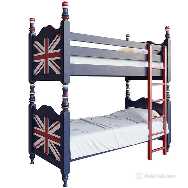 Navy Blue Kids Bunk Bed With Union Jack Design And Red Ladder 3d model 