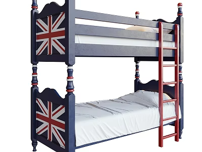 Navy Blue Kids Bunk Bed With Union Jack Design And Red Ladder 3d model
