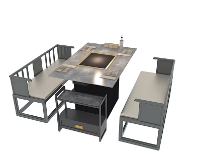 Public Chair With Gray Cushion And Wooden Frame For Dining Area With Square Hotpot Table 3d model