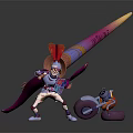 Colorful Armored Game Character With Giant Brush Weapon And Small Companion Robot
