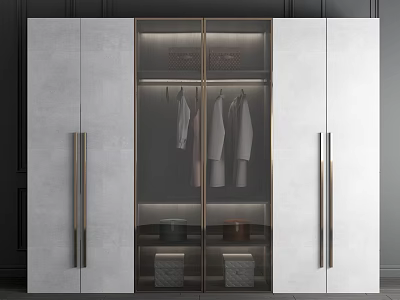 Modern Wardrobe Design With Glass Doors Metal Handles And Hanging Clothes Storage 3d model